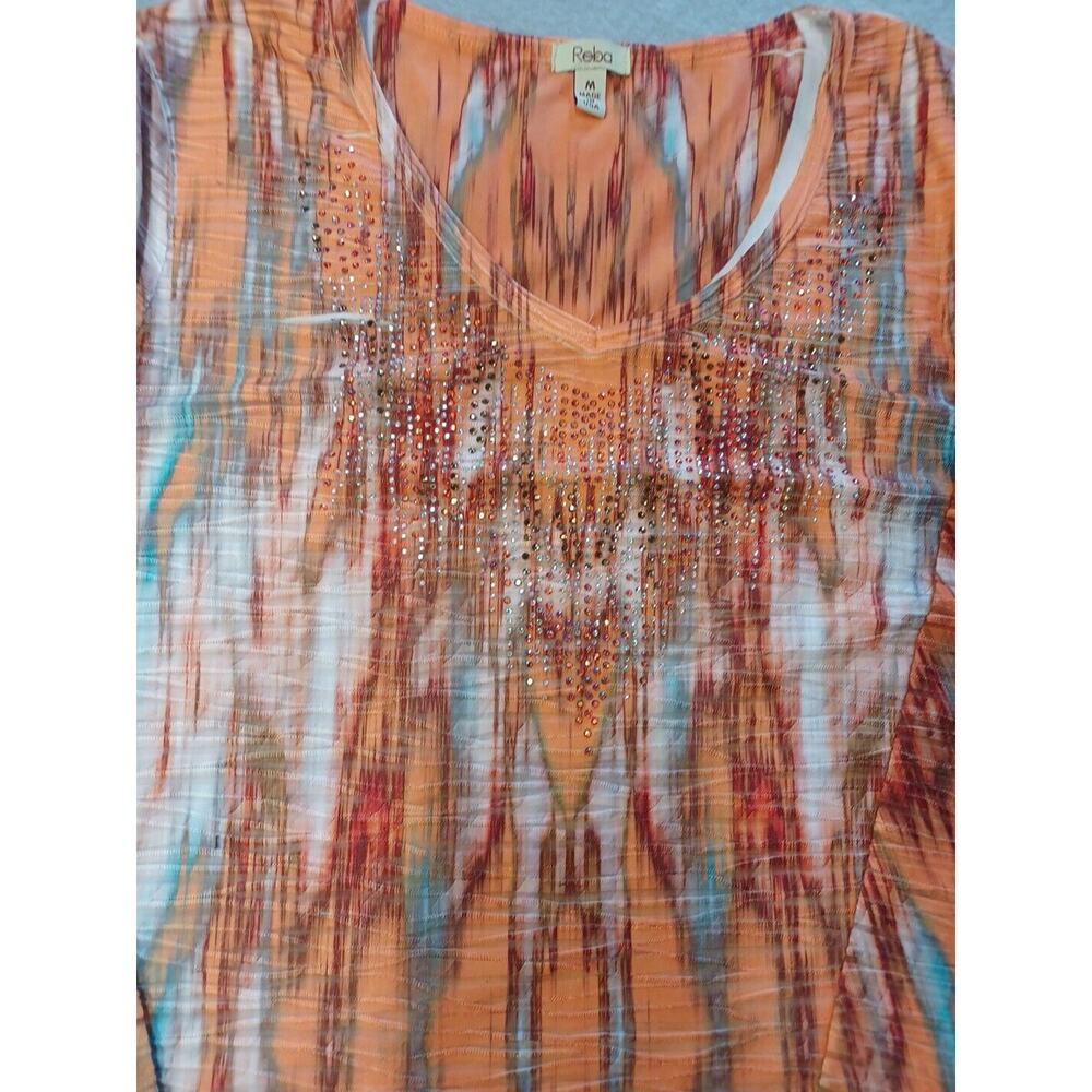 Reba Medium Top Tye Dye Drip Orange Teal White Sparkle Bedazzled - Picture 2 of 3